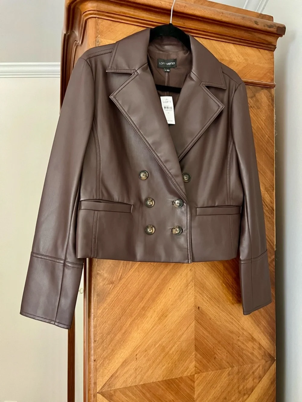 LOFT Double-Breasted Faux Leather Jacket in Deep Brown - Picture 6 of 7